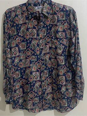 Impact 100%Silk Men's Navy Geometric Button-Up Shirt Pocket